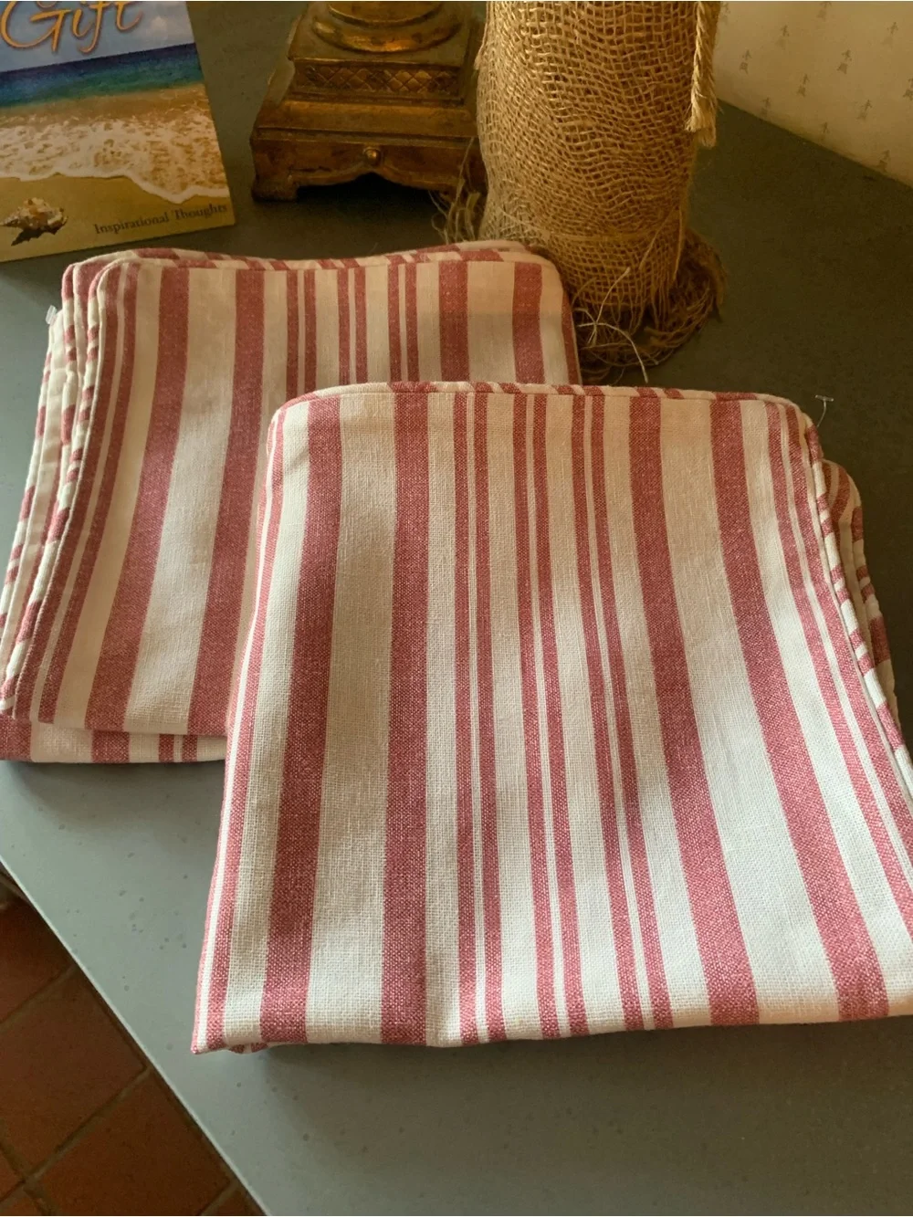 2 Pottery Barn, NEW NEVER USED, RED and CREAM stripe pillow covers, size 20X 20.